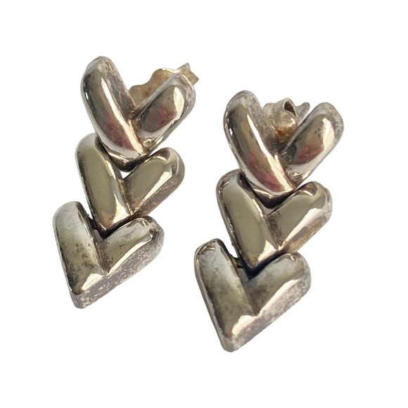 Vintage Silver Plated Earrings V Chevron Heart Drop Western Coastal Cowgirl - Picture 1 of 5